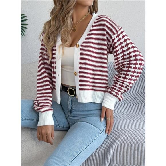 Striped Button-Up Cropped Cardigan - Picture 5 of 14